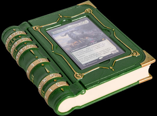 Decorative book-shaped card holder with a card inside on a black background.
