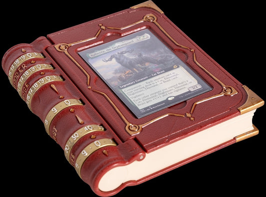 Decorative book-shaped card holder with a card inside on a black background.
