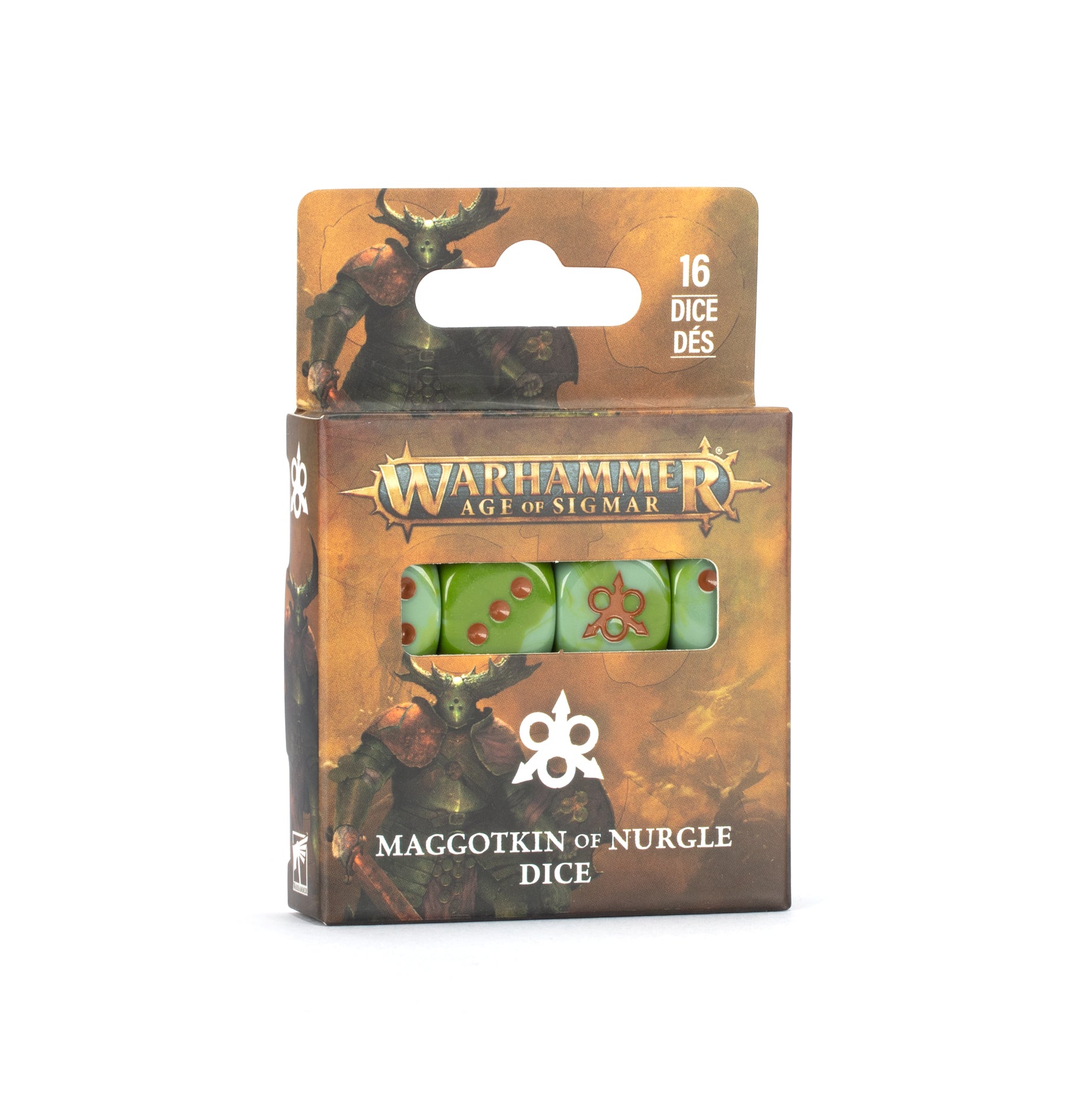 Warhammer Age of Sigmar dice set packaging with green dice on a white background