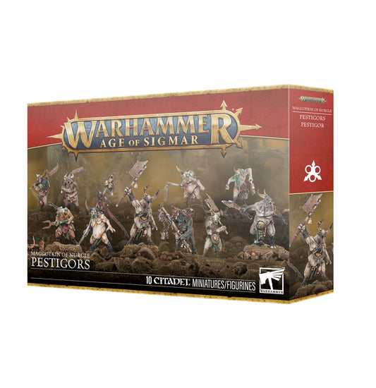 Warhammer Age of Sigmar miniatures box with pestigor figures on a white background