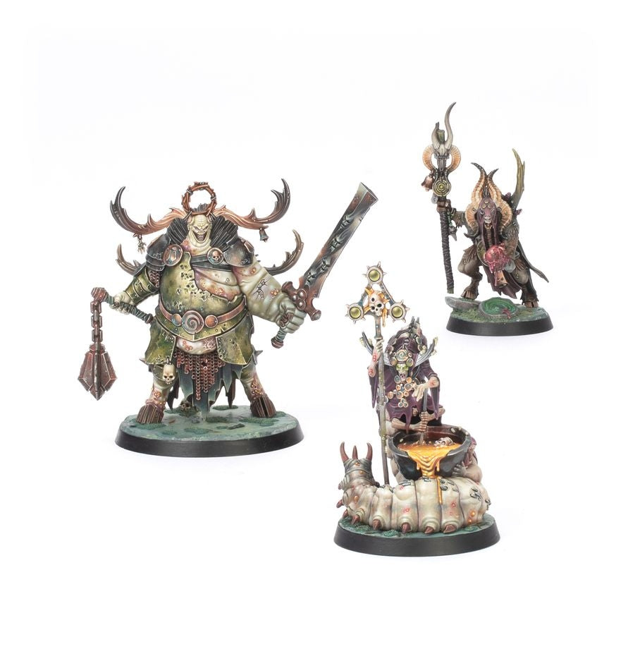 Three Maggotkin of Nurgle miniatures with detailed armor and weapons on a white background
