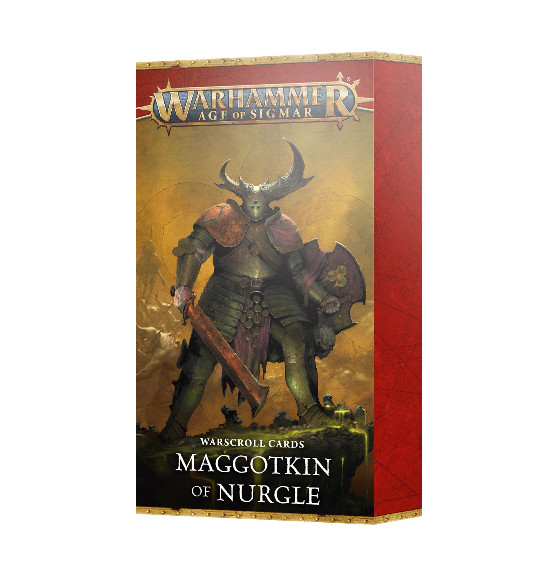 Warhammer Age of Sigmar game box featuring a warrior with a sword and shield on a red background