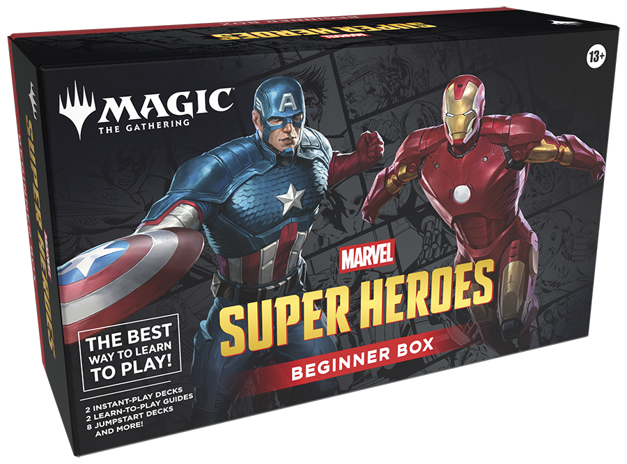 Marvel Super Heroes 'Magic: The Gathering' beginner box packaging featuring Captain America and Iron Man.