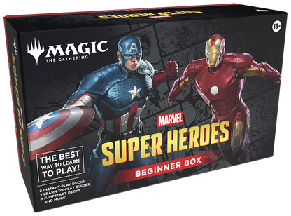 Marvel Super Heroes 'Magic: The Gathering' beginner box packaging featuring Captain America and Iron Man.