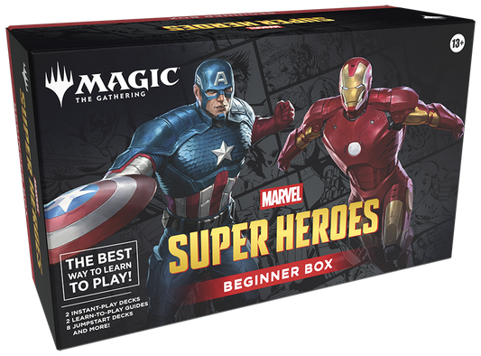 Marvel Super Heroes 'Magic: The Gathering' beginner box packaging featuring Captain America and Iron Man.