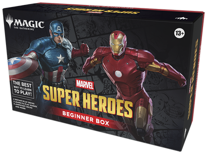 Marvel Super Heroes beginner box for Magic: The Gathering with Captain America and Iron Man on the packaging.