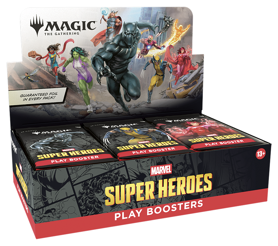 Marvel Super Heroes Play Boosters packaging with characters on a white background