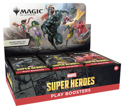 Marvel Super Heroes Play Boosters packaging with characters on a white background