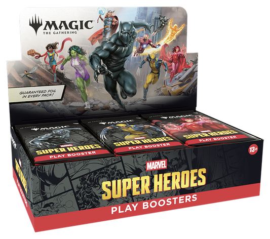 Marvel Super Heroes Play Boosters packaging with characters on a white background