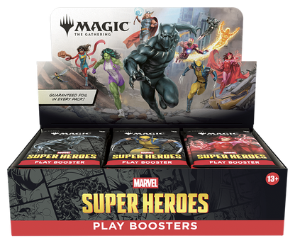 Box of Marvel Super Heroes Play Boosters with character illustrations on the packaging.