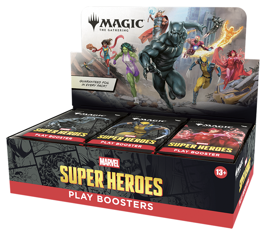 Box of Marvel Super Heroes Play Boosters for Magic: The Gathering on a white background