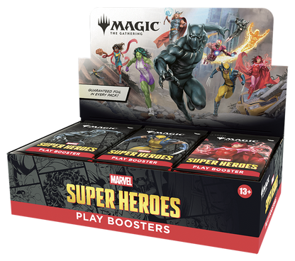 Box of Marvel Super Heroes Play Boosters for Magic: The Gathering on a white background