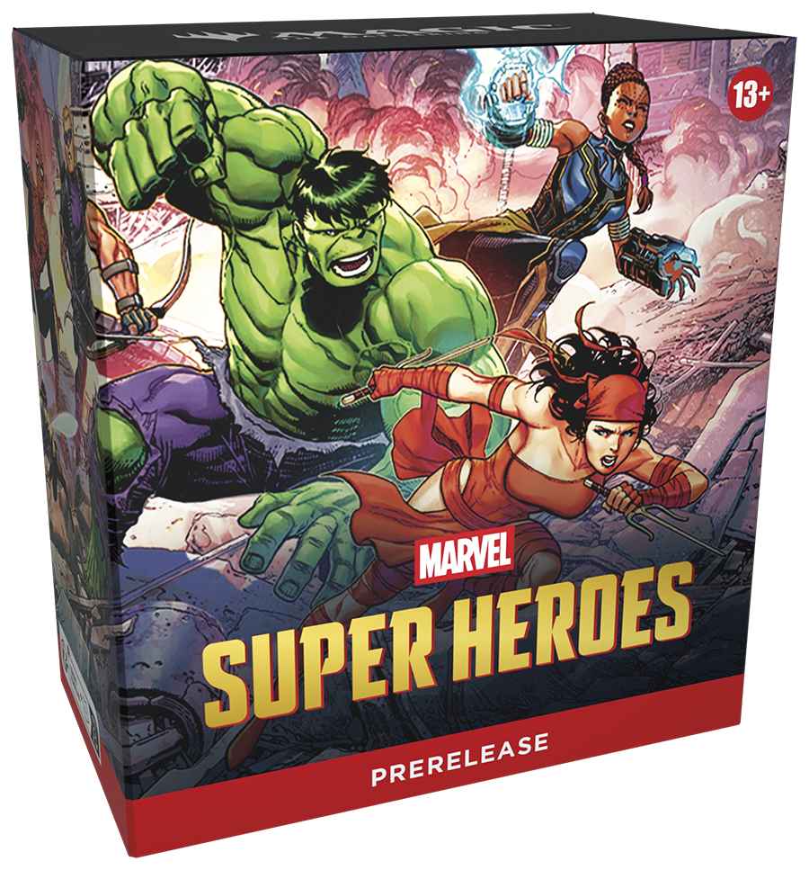 Magic the Gathering Marvel Super Heroes prerelease box with characters and 'Prerelease' text on a colorful background