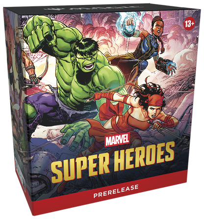 Magic the Gathering Marvel Super Heroes prerelease box with characters and 'Prerelease' text on a colorful background