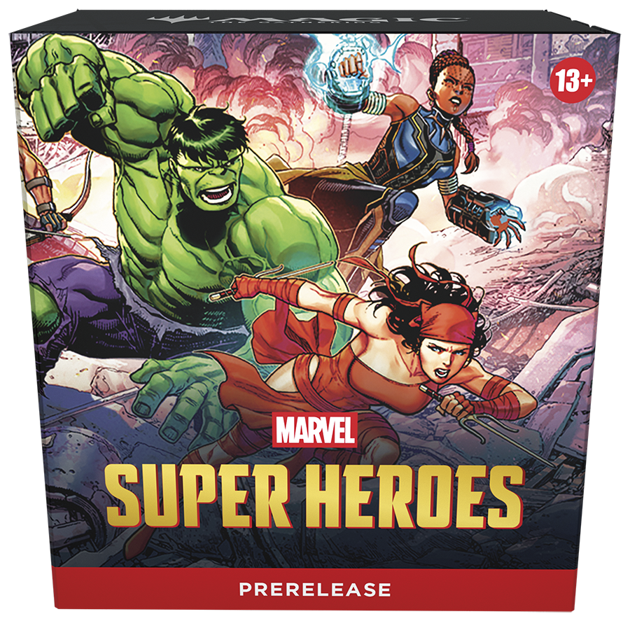 Magic the Gathering Marvel Super Heroes prerelease box with characters and 'Prerelease' text on a colorful background