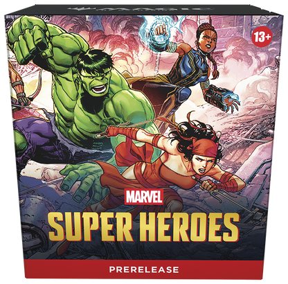Magic the Gathering Marvel Super Heroes prerelease box with characters and 'Prerelease' text on a colorful background