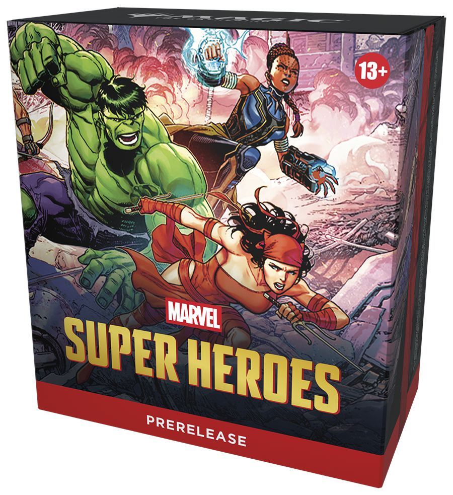 Magic the Gathering Marvel Super Heroes prerelease box with characters and 'Prerelease' text on a colorful background