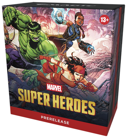 Magic the Gathering Marvel Super Heroes prerelease box with characters and 'Prerelease' text on a colorful background