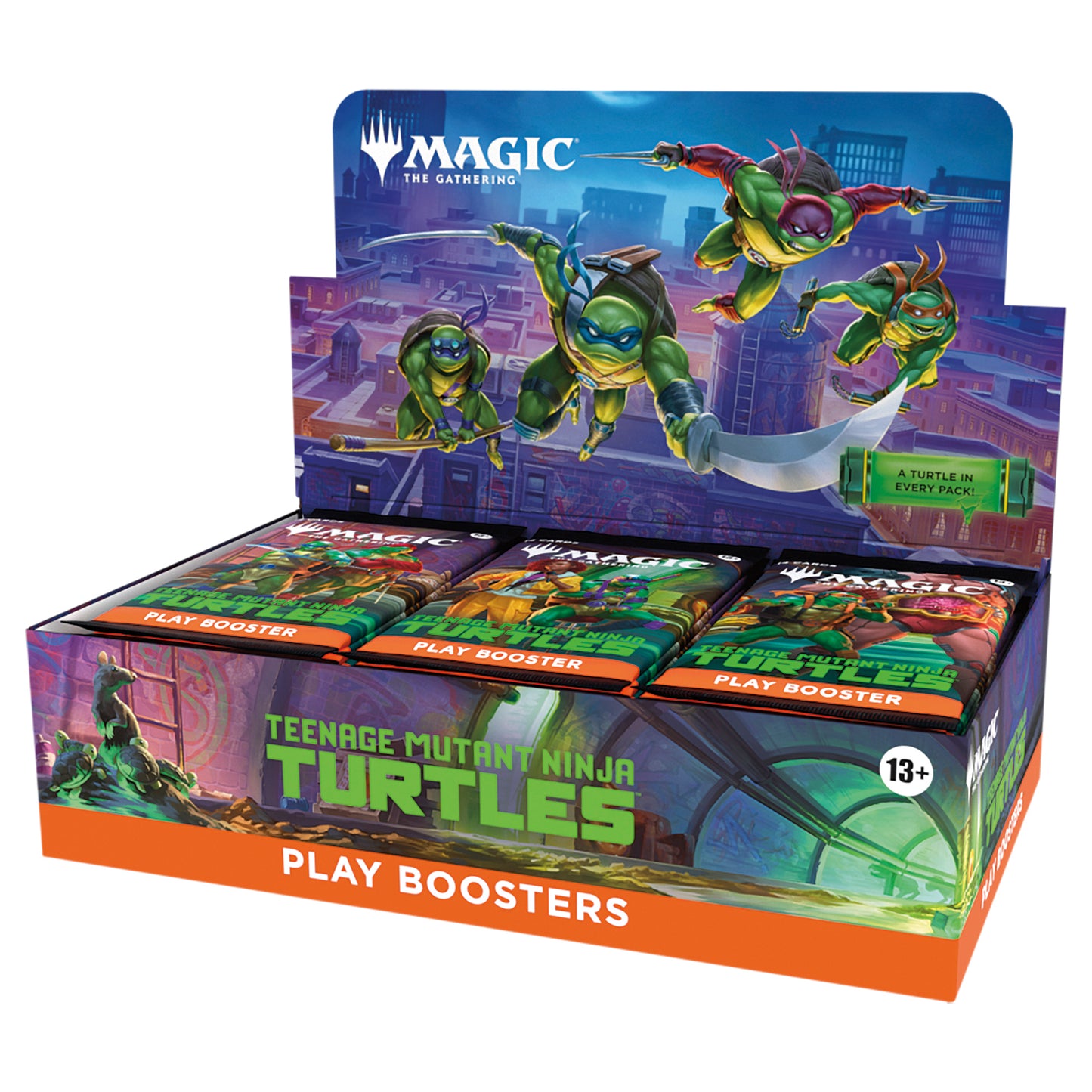 Display box of 'Magic: The Gathering' Teenage Mutant Ninja Turtles play boosters with turtles in action on a cityscape background.