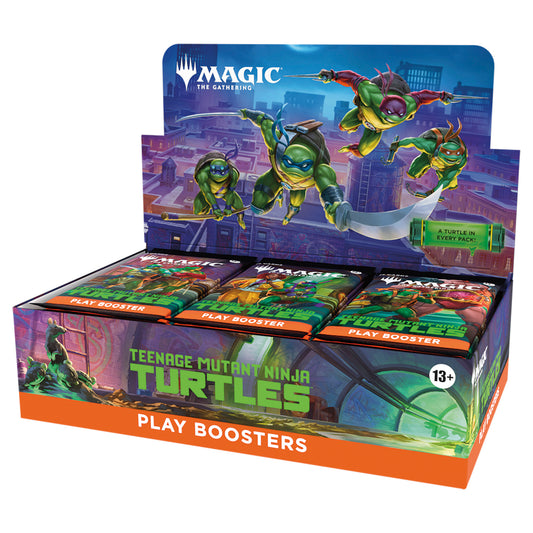 Display box of 'Magic: The Gathering' Teenage Mutant Ninja Turtles play boosters with turtles in action on a cityscape background.