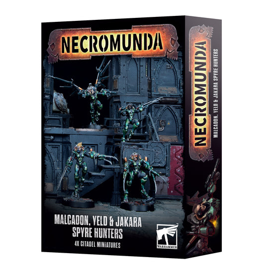 Box cover of Necromunda Malcadon, Yeld & Jakara Spyre Hunters 4x Citadel Miniatures by Warhammer, featuring detailed miniatures in a dark industrial setting.