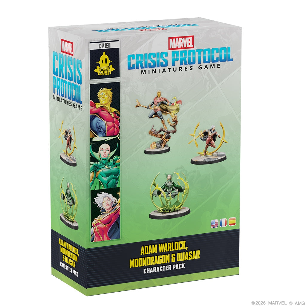 Marvel Crisis Protocol miniatures game character pack box with figures of Adam Warlock, Moondragon, and Quasar on a white background