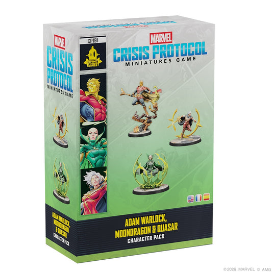 Marvel Crisis Protocol miniatures game character pack box with figures of Adam Warlock, Moondragon, and Quasar on a white background
