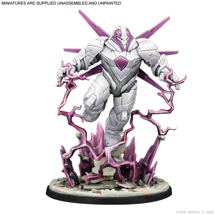 Unassembled and unpainted superhero figurine with pink and white design on a white background