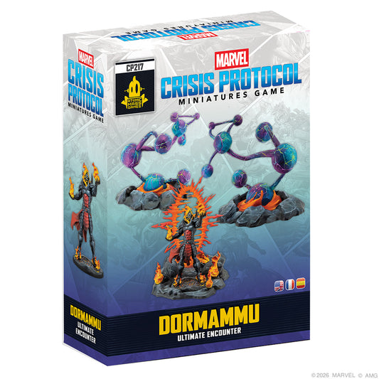 Marvel Crisis Protocol miniatures game packaging featuring Dormammu and other characters.