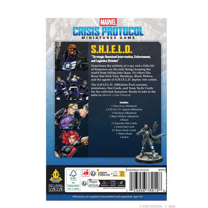 Marvel Crisis Protocol miniatures game packaging with S.H.I.E.L.D. characters and text.