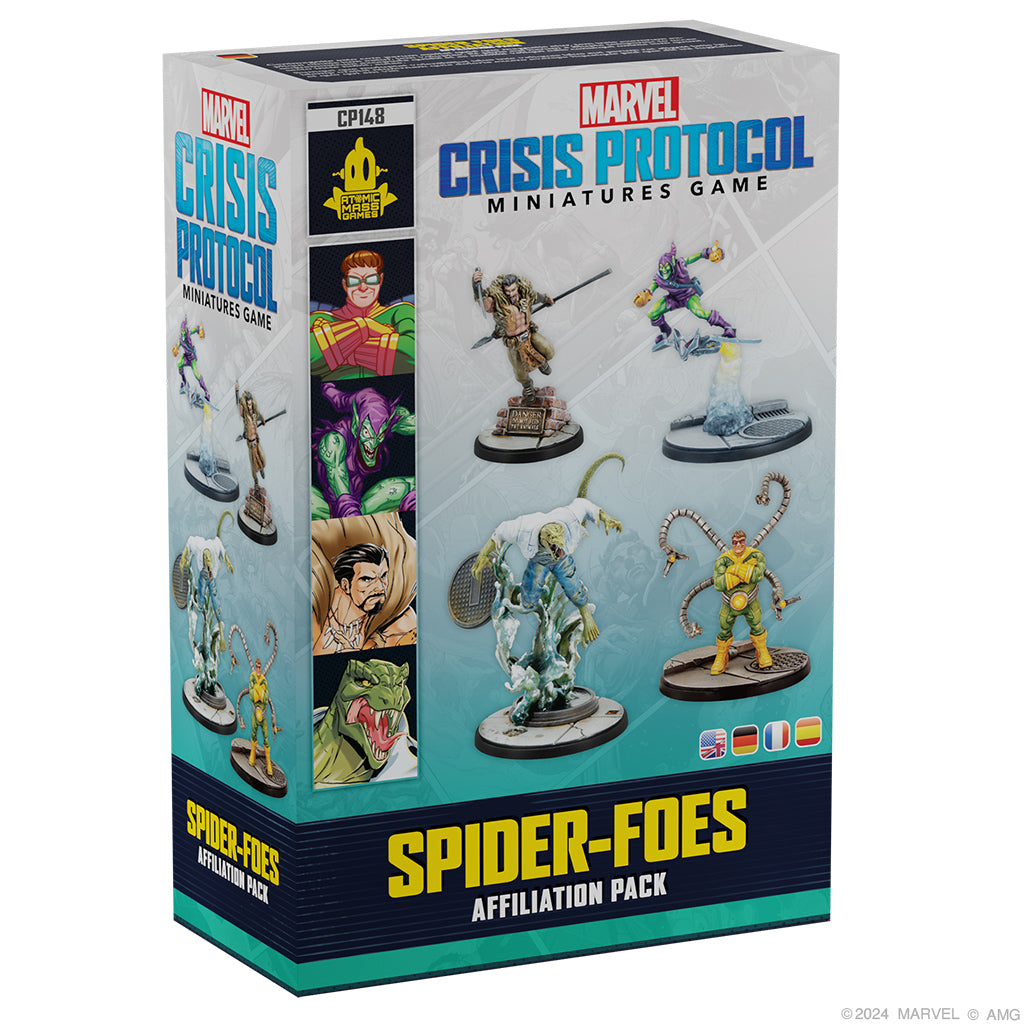 Packaging for Marvel Crisis Protocol: Spider-Foes Affiliation Pack featuring miniatures of Spider-Foes characters such as Green Goblin, Doctor Octopus, Kraven the Hunter, and the Lizard.