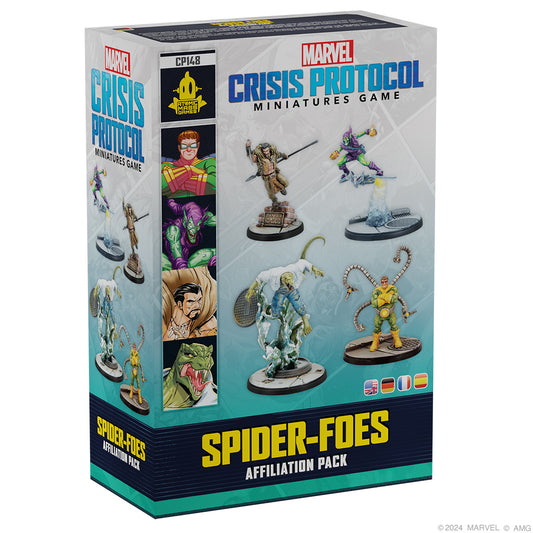 Packaging for Marvel Crisis Protocol: Spider-Foes Affiliation Pack featuring miniatures of Spider-Foes characters such as Green Goblin, Doctor Octopus, Kraven the Hunter, and the Lizard.