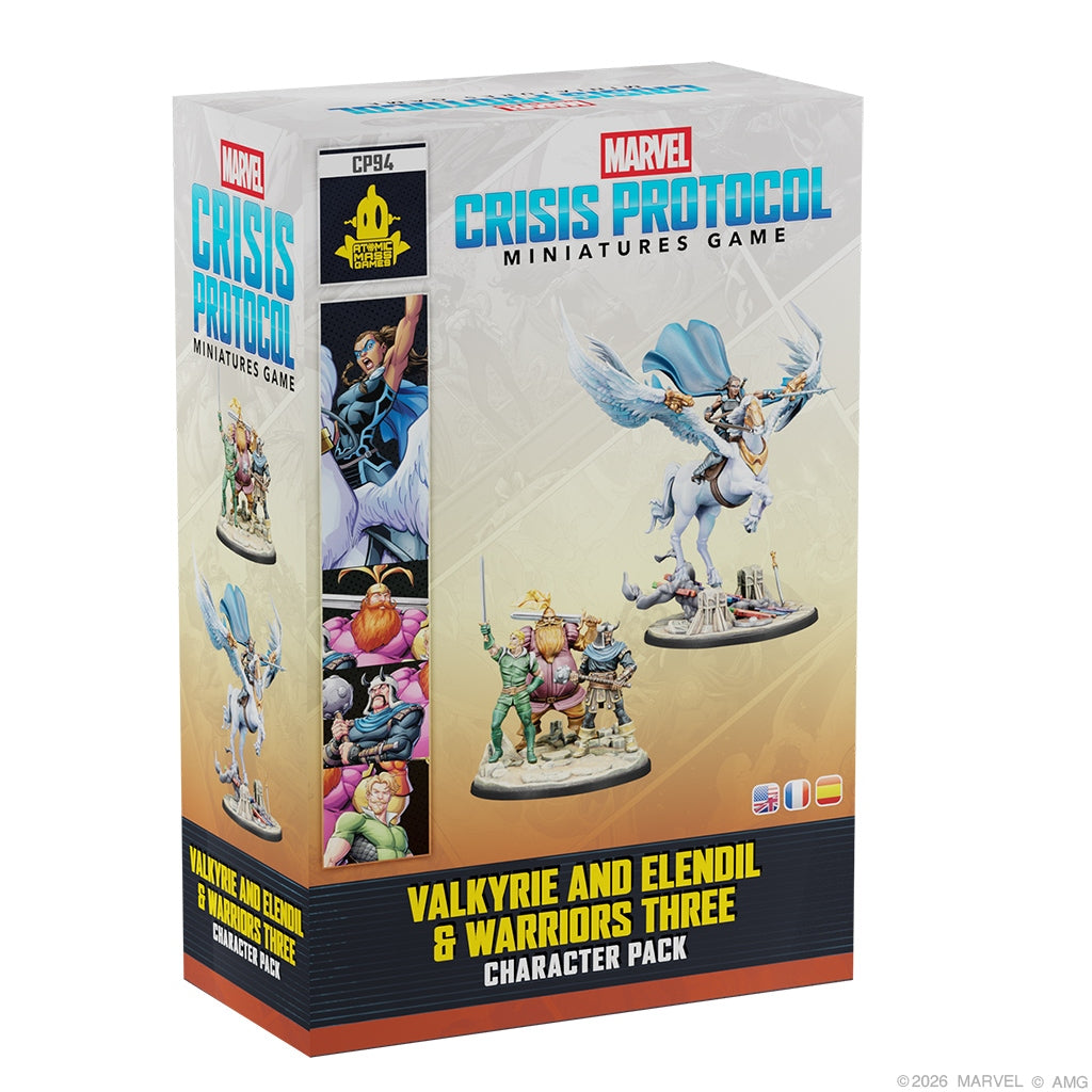 Marvel Crisis Protocol miniatures game box with figures of Valkyrie and the Warriors Three on a white background