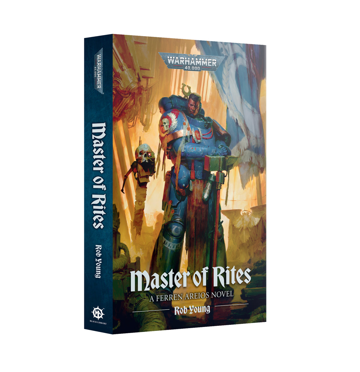 Warhammer 40k Master of Rites novel book by Rob Young, featuring a detailed cover illustration of a Space Marine warrior and a companion, shown on a clean white background.