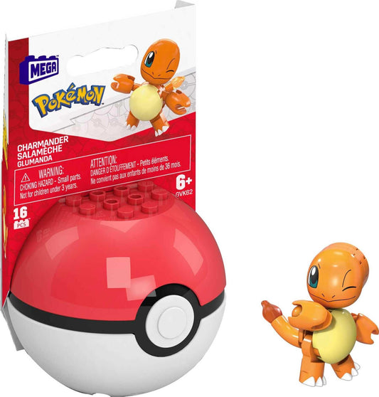 Mega Charmander toy figure in a red ball packaging with Mega and Pokemon branding.