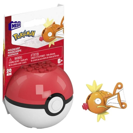 Mega Pokemon Magikarp figure in front of its packaging on a white background