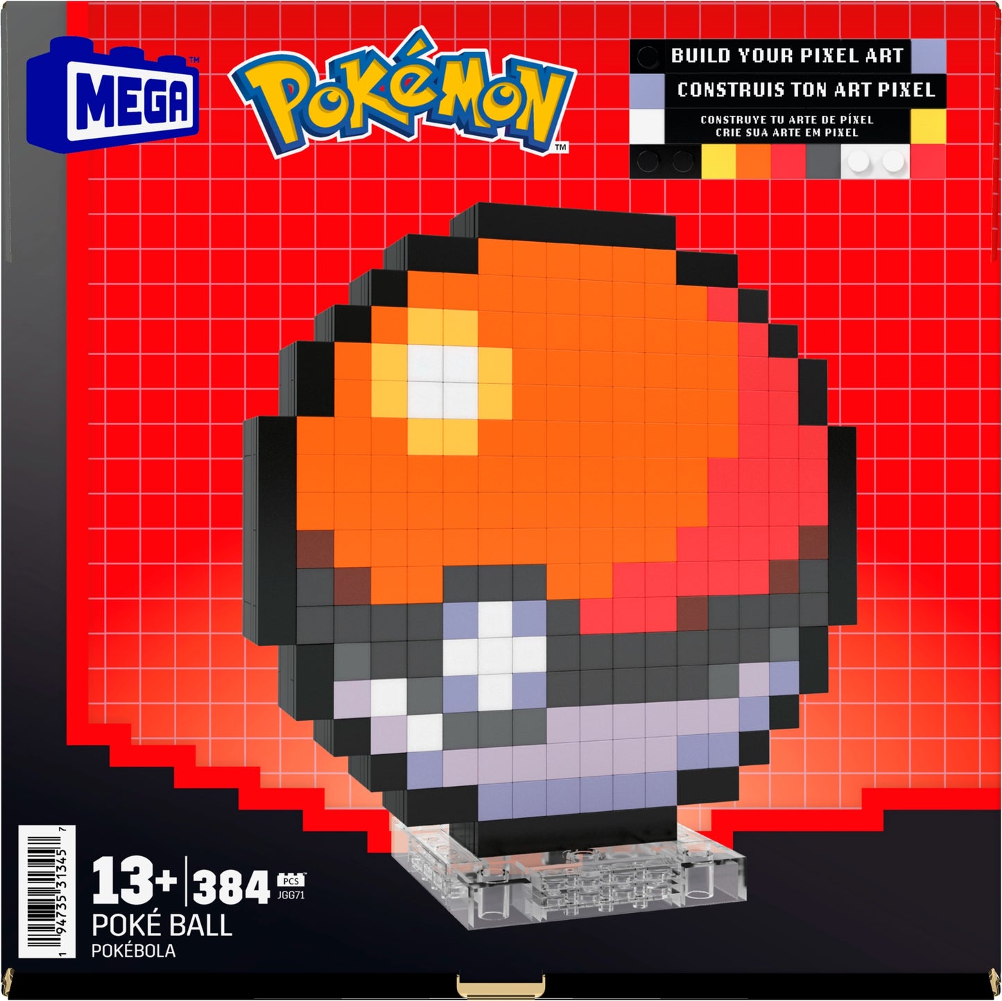Pixelated Poké Ball toy set with Mega and Pokémon branding on a red grid background