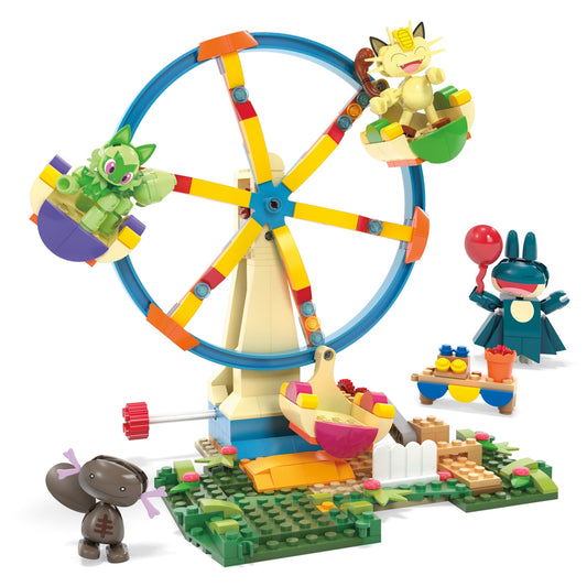 Toy Ferris wheel set with characters on a white background