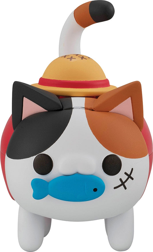 Toy figure with cat-like design wearing a hat on a white background