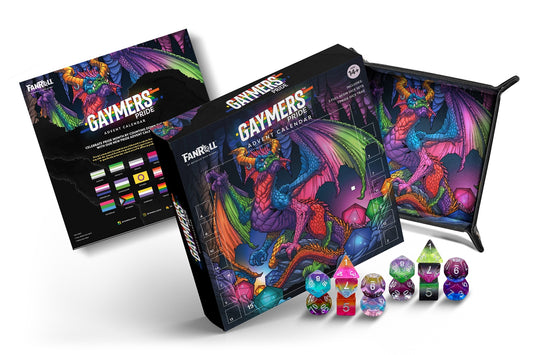 GAYMERS board game box with colorful dragon illustration and dice set on a white background