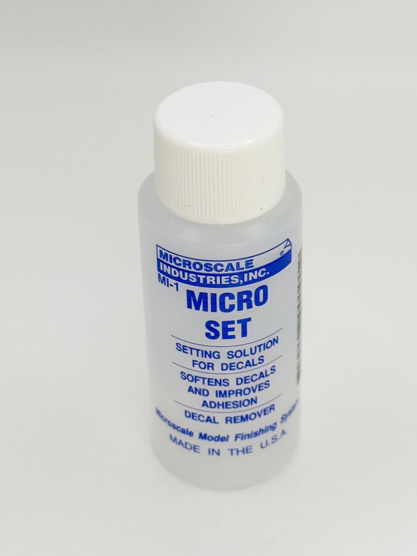 Microscale Industries, Inc. MI-1 Micro Set setting solution for decals, softens decals and improves adhesion, decal remover, made in the USA.