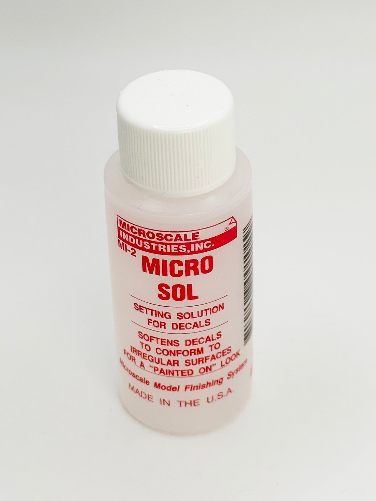 Microscale Micro Sol MI-2 decal setting solution bottle for model kits—softens decals for a painted-on finish—modeling supplies made in the USA.