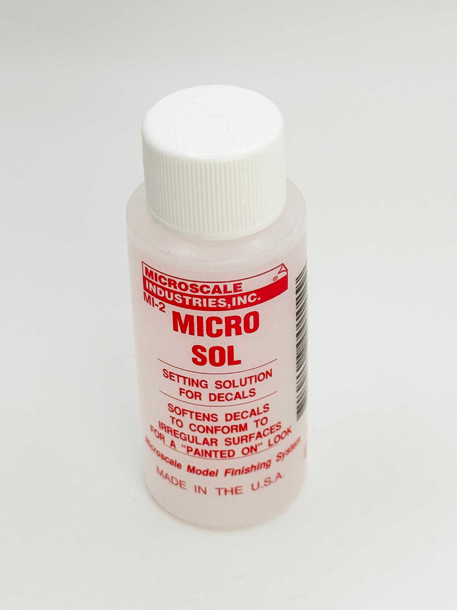 Microscale Micro Sol MI-2 decal setting solution bottle for model kits—softens decals for a painted-on finish—modeling supplies made in the USA.