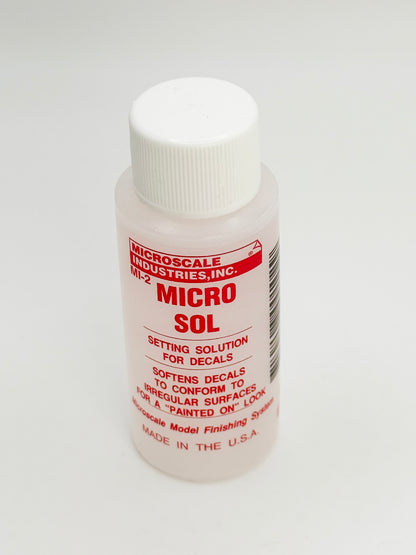 Microscale Micro Sol MI-2 decal setting solution bottle for model kits—softens decals for a painted-on finish—modeling supplies made in the USA.