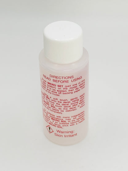 Microscale Micro Sol MI-2 decal setting solution bottle for model kits—softens decals for a painted-on finish—modeling supplies made in the USA.
