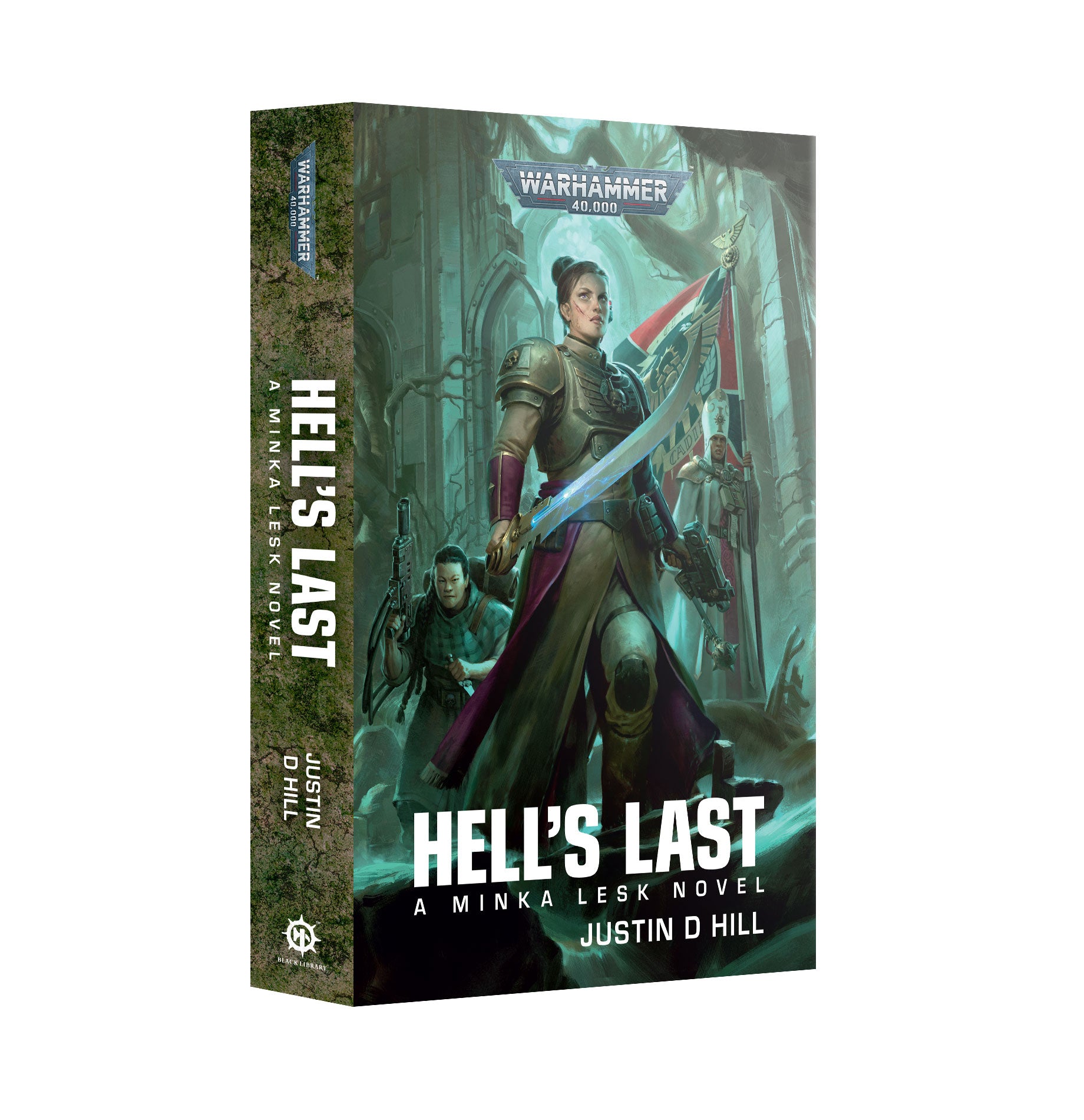 Book cover of 'Hell's Last' by Justin O'Hill with a warrior illustration on a white background