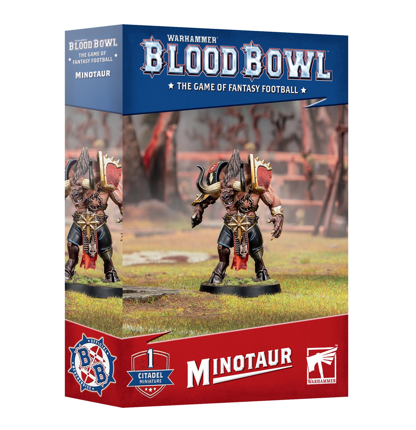 Warhammer 40k Blood Bowl: The Game of Fantasy Football Minotaur box set, featuring a blue and red packaging design with a painted minotaur figurine on the front.