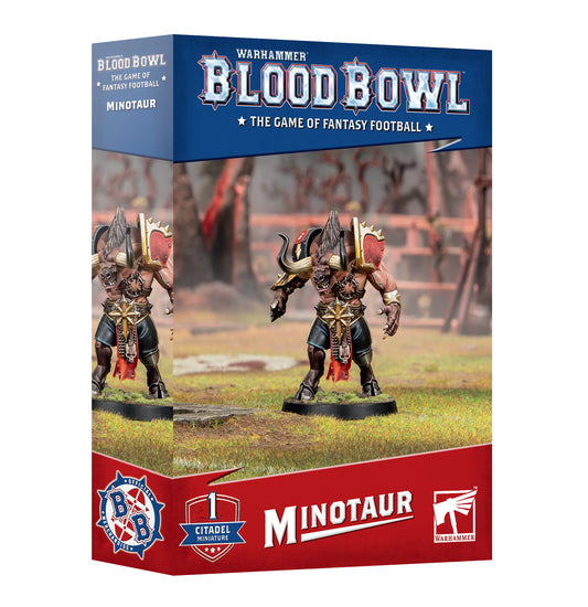 Warhammer 40k Blood Bowl: The Game of Fantasy Football Minotaur box set, featuring a blue and red packaging design with a painted minotaur figurine on the front.