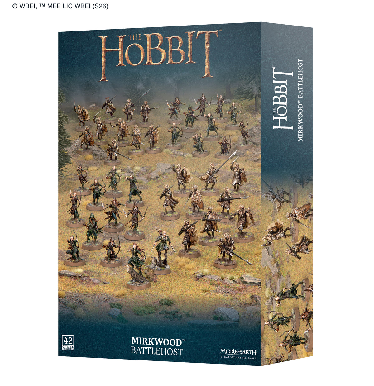 The Hobbit: Mirkwood Battlehost tabletop gaming box by Mephisto Games, showing the front cover with illustrated hobbit figures on a landscape and the spine with the title and product name.