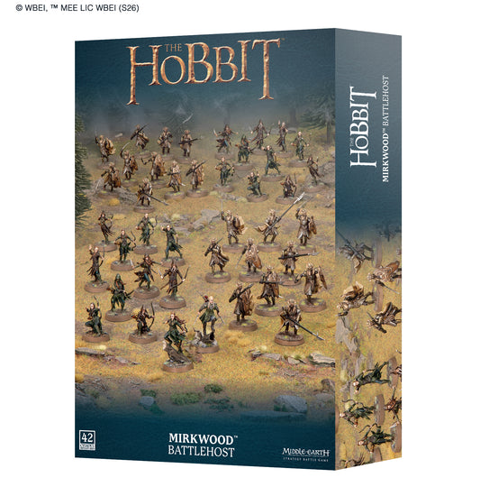 The Hobbit: Mirkwood Battlehost tabletop gaming box by Mephisto Games, showing the front cover with illustrated hobbit figures on a landscape and the spine with the title and product name.
